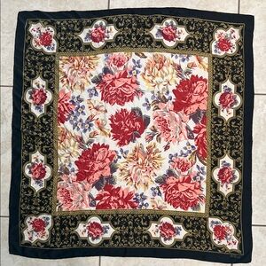 Bill Blass Silk Floral Scarf with Black and Gold Border 34” x 34”